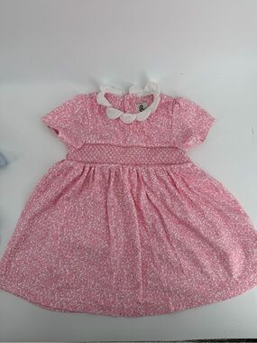 JoJo Maman Bebe Baby Girl Dress 12-18M Pink Floral Smocked Petal Collar